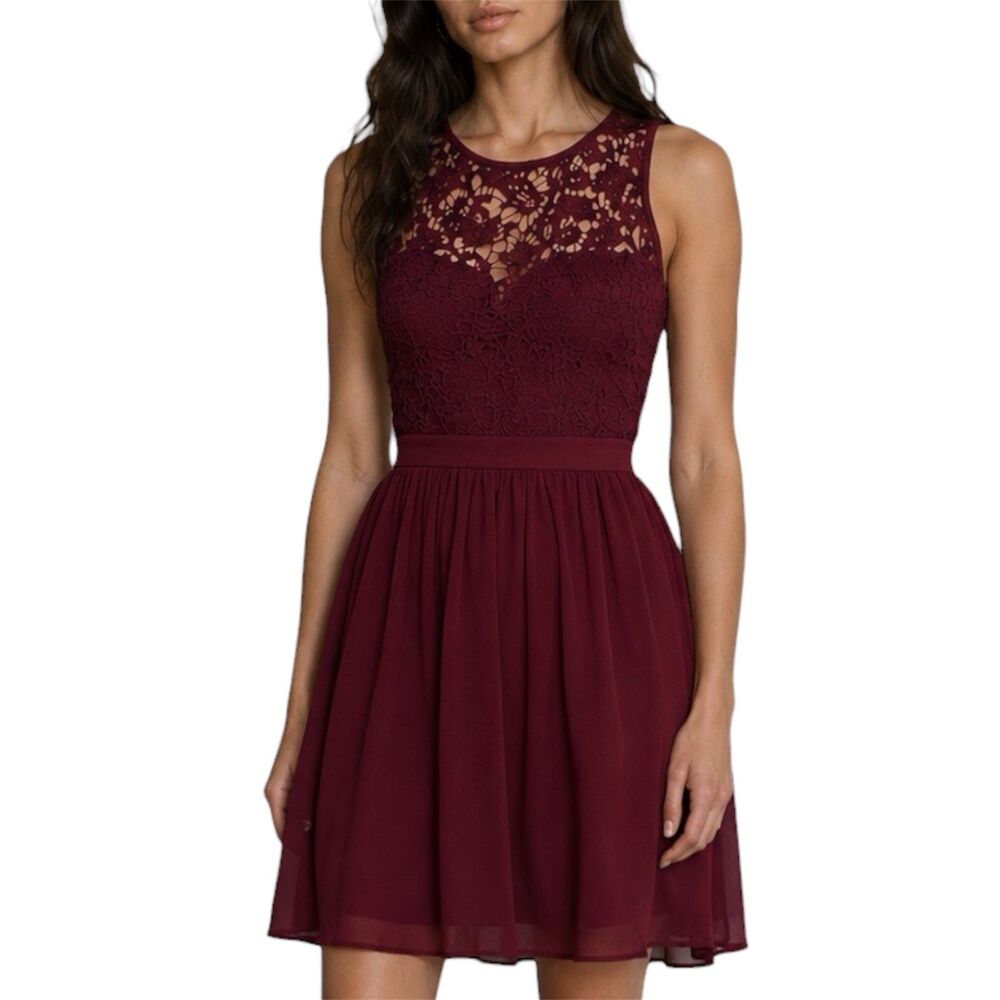 Size M NWT Lulus Romantic Tale red Burgundy Lace Chiffon mini Skater Dress